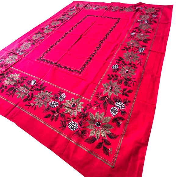 Vintage Christmas Holiday rectangle Tablecloth red gold leaves white pinecones - Picture 3 of 9